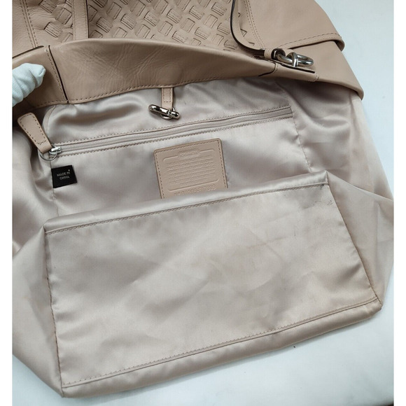 Coach North South Taupe Woven Leather Outside Pockets Shoulder Bag - Picture 10 of 16